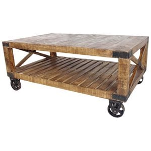 Golden Solid Wood Cocktail Table on Wheels in Natural Finish