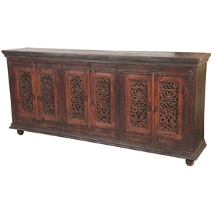 Arvada 6 Door Solid Wood Buffet in Brown with Hand-Carved Detailing
