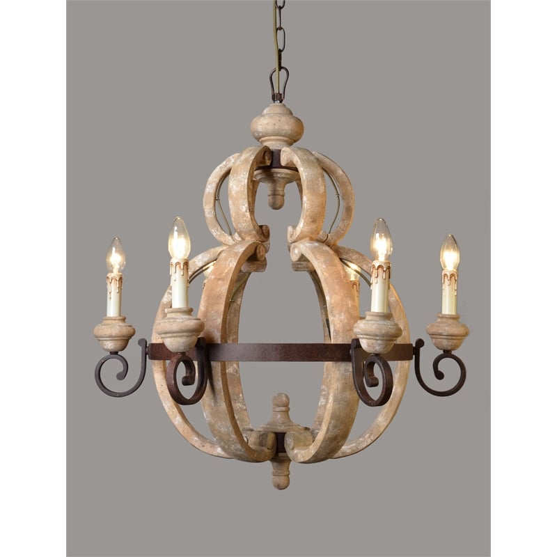 Beatrice Cast Iron and Solid Wood Pendant in Brown