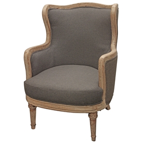 dan lounge arm chair with exposed wood trim and frame in gray linen fabric