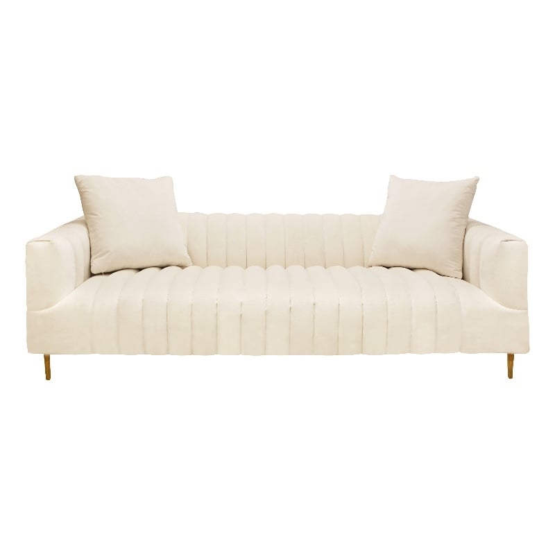 Ruth Sofa in Ivory Velvet with Gold Tone Metal Legs and 2 Toss Pillows