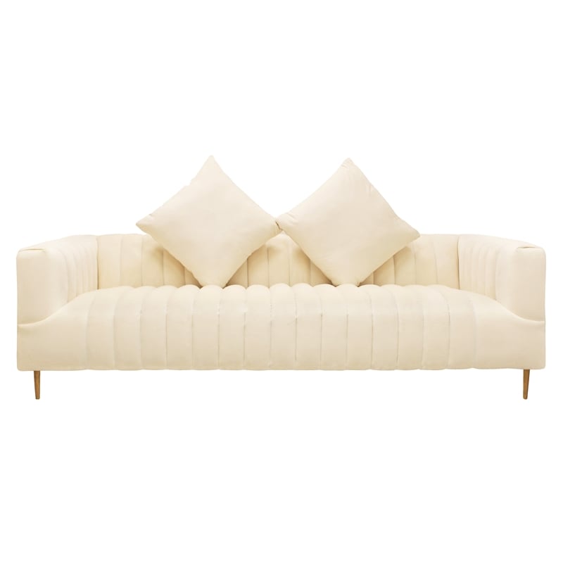 Ruth Sofa in Ivory Velvet with Gold Tone Metal Legs and 2 Toss Pillows