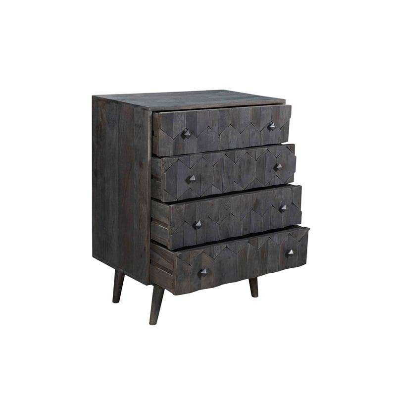 Onyx 4-Drawer Solid Wood Chest in Dark Gray with Hand-Carved Details