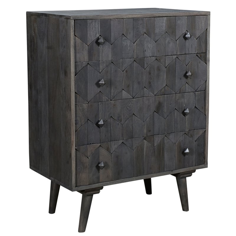 Onyx 4-Drawer Solid Wood Chest in Dark Gray with Hand-Carved Details