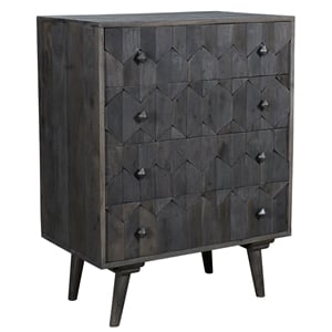 Onyx 4-Drawer Solid Wood Chest in Dark Gray with Hand-Carved Details