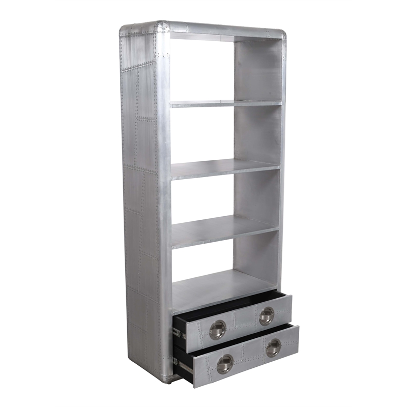 Pilot 2 Drawer Bookcase with Silver Aluminum Cladding and Exposed Screws