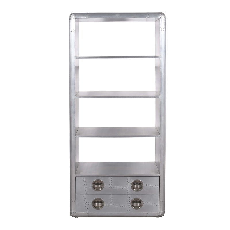 Pilot 2 Drawer Bookcase with Silver Aluminum Cladding and Exposed Screws