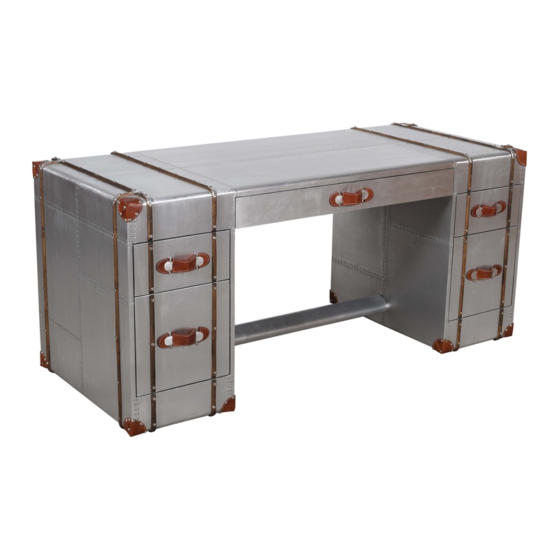 Pilot Executive Desk with Silver Aluminum Cladding and Leather Accents