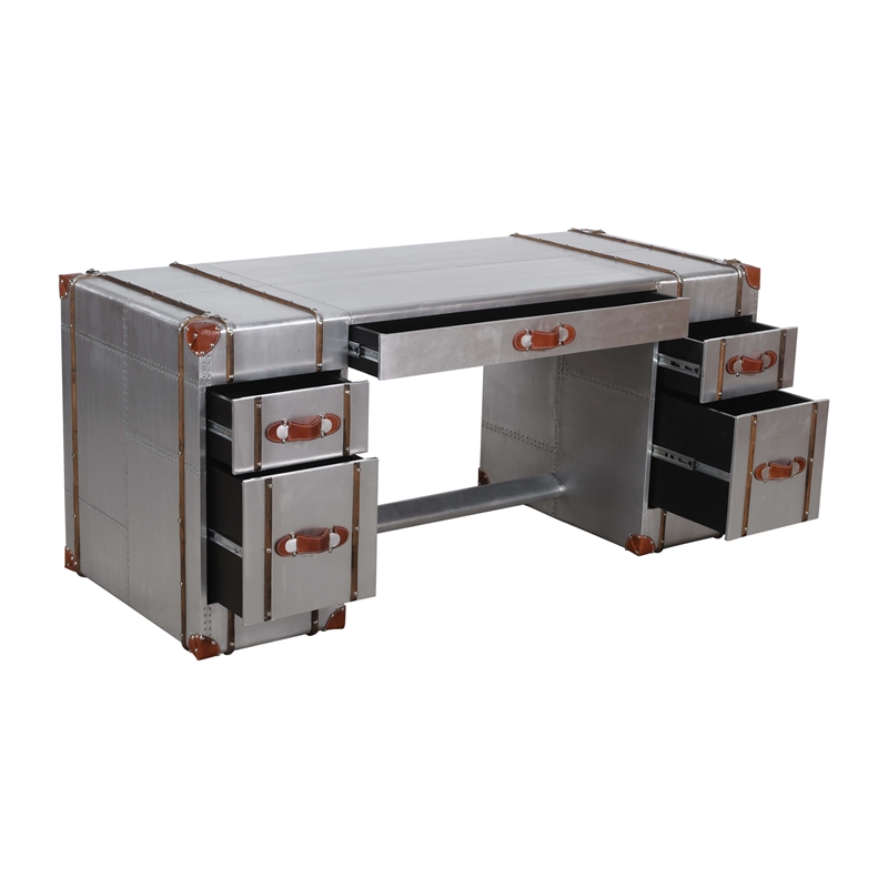 Pilot Executive Desk with Silver Aluminum Cladding and Leather Accents