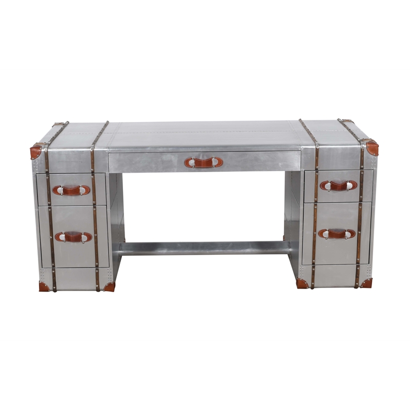 Pilot Executive Desk with Silver Aluminum Cladding and Leather Accents