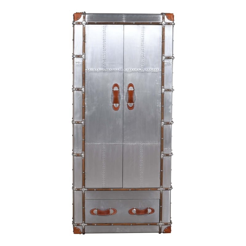 Pilot Tall Cabinet in Silver Aluminum Cladding and Leather Accents