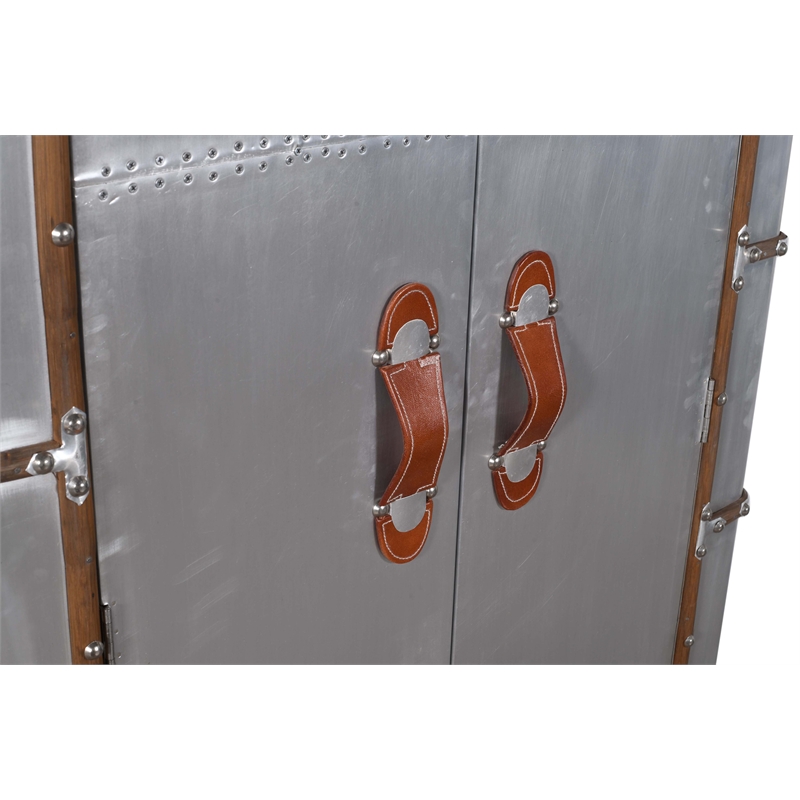 Pilot Tall Cabinet in Silver Aluminum Cladding and Leather Accents