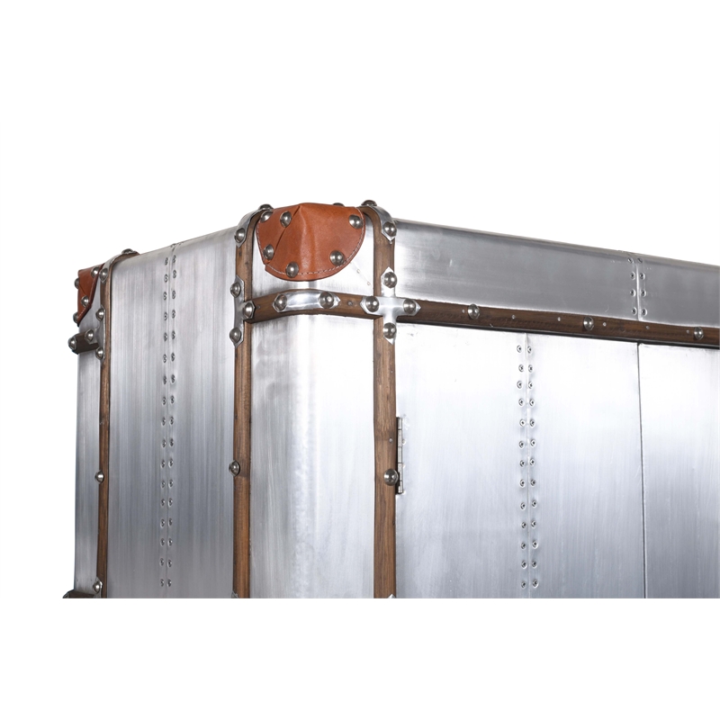Pilot Tall Cabinet in Silver Aluminum Cladding and Leather Accents