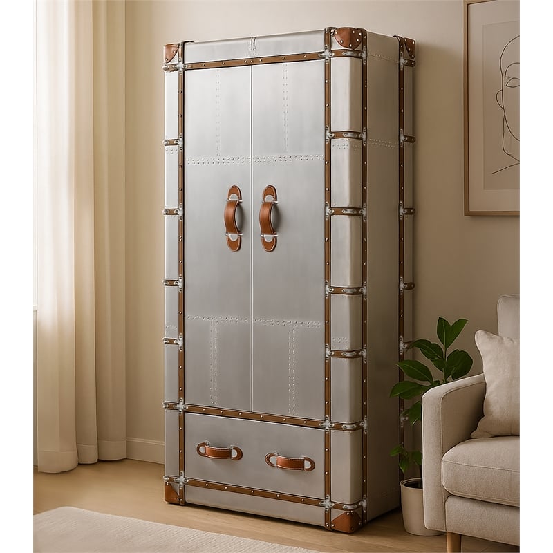 Pilot Tall Cabinet in Silver Aluminum Cladding and Leather Accents