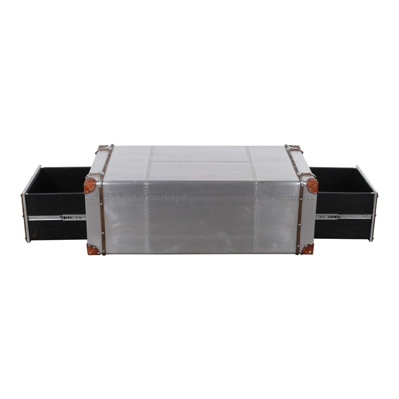 Pilot 2-Drawer Cocktail Table with Silver Aluminum Cladding and Leather Straps