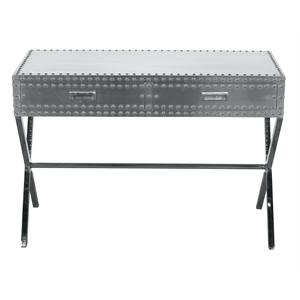 pilot 2-drawer console table with silver aluminum cladding and steel studs
