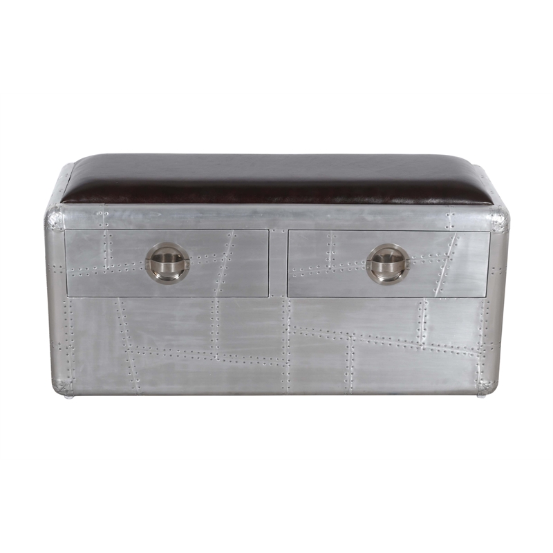 Pilot 2-Drawer Bench with Soft Leather Seat and Silver Aluminum Cladding