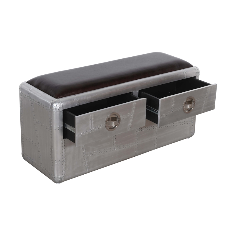 Pilot 2-Drawer Bench with Soft Leather Seat and Silver Aluminum Cladding