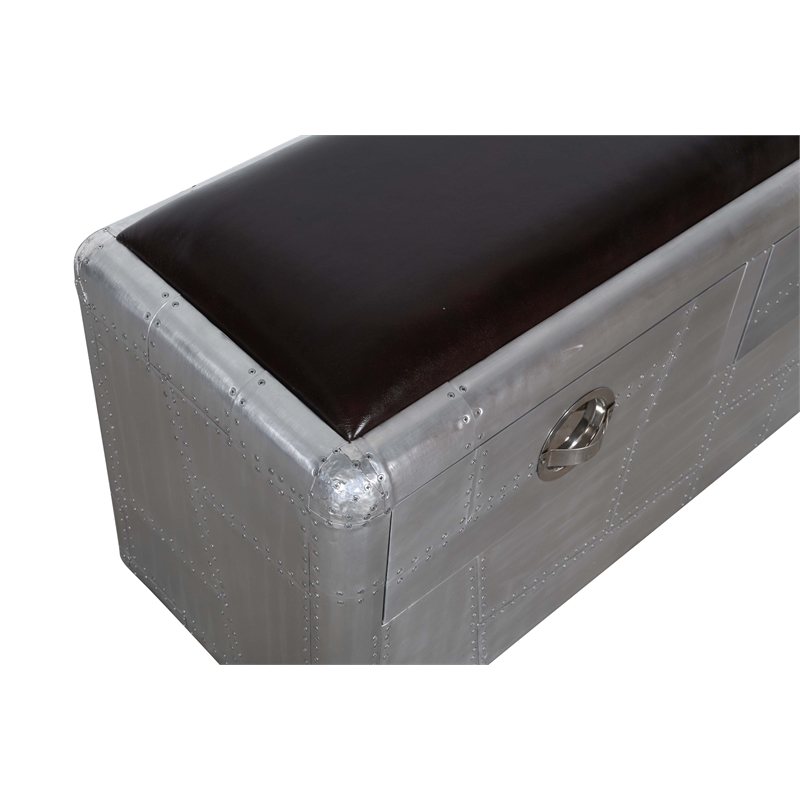 Pilot 2-Drawer Bench with Soft Leather Seat and Silver Aluminum Cladding