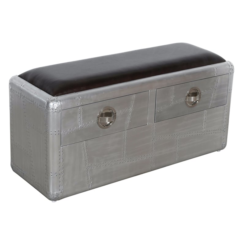 Pilot 2-Drawer Bench with Soft Leather Seat and Silver Aluminum Cladding