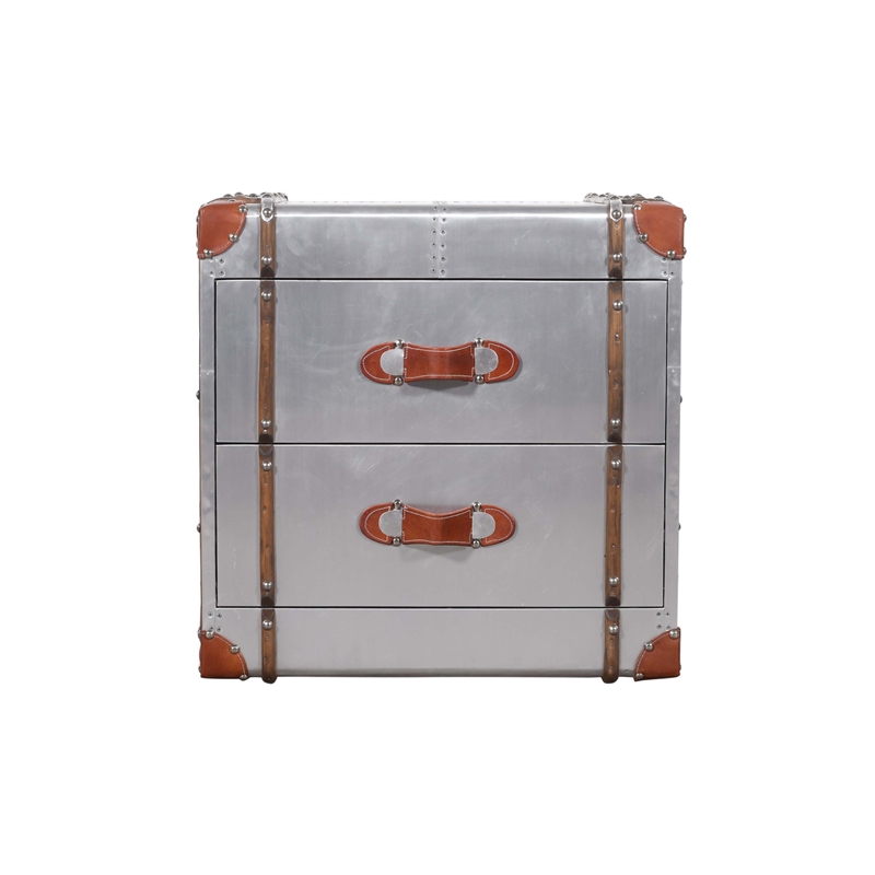Pilot 2-Drawer Nightstand with Silver Aluminum Cladding and Leather Accents