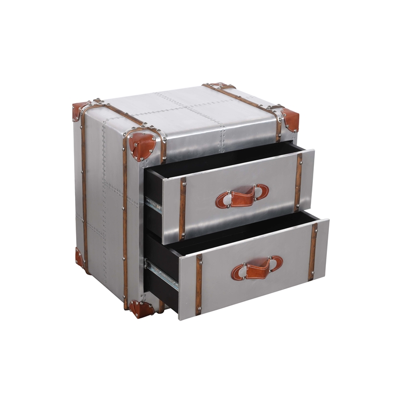 Pilot 2-Drawer Nightstand with Silver Aluminum Cladding and Leather Accents