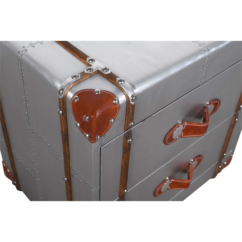 Pilot 2-Drawer Nightstand with Silver Aluminum Cladding and Leather Accents