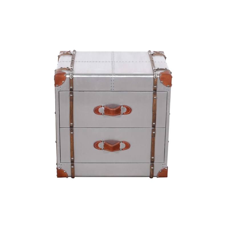 Pilot 2-Drawer Nightstand with Silver Aluminum Cladding and Leather Accents