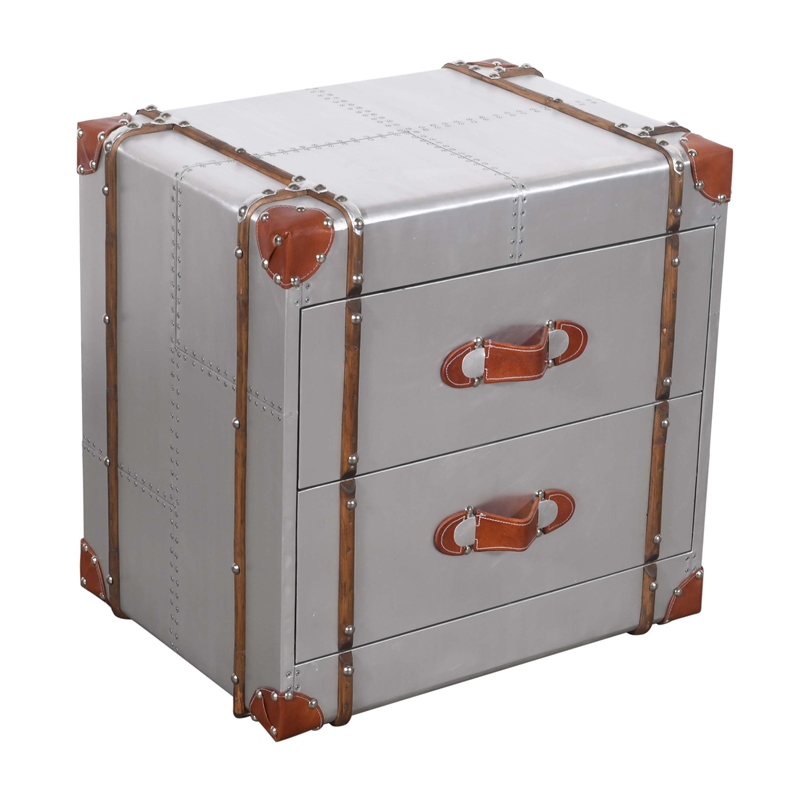 Pilot 2-Drawer Nightstand with Silver Aluminum Cladding and Leather Accents