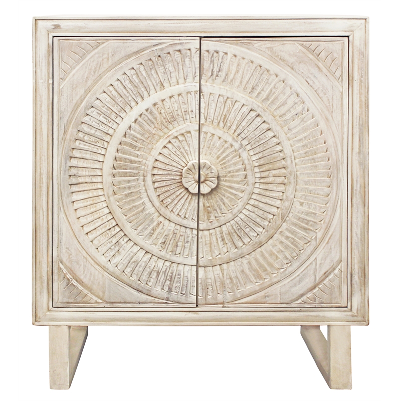 Albert Solid Wood Cabinet with 2 Hand Carved Doors and Distressed White Finish
