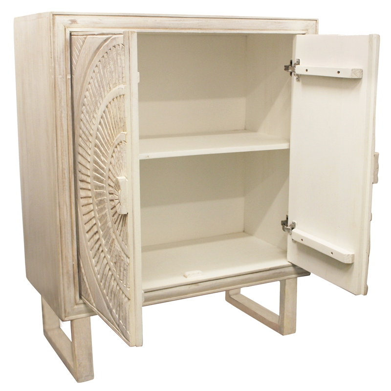 Albert Solid Wood Cabinet with 2 Hand Carved Doors and Distressed White Finish