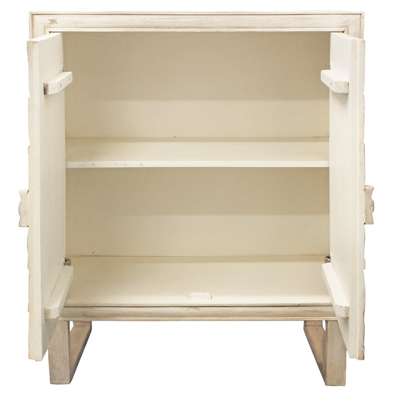 Albert Solid Wood Cabinet with 2 Hand Carved Doors and Distressed White Finish
