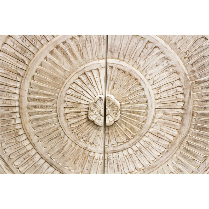 Albert Solid Wood Cabinet with 2 Hand Carved Doors and Distressed White Finish