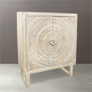 Albert Solid Wood Cabinet with 2 Hand Carved Doors and Distressed White Finish