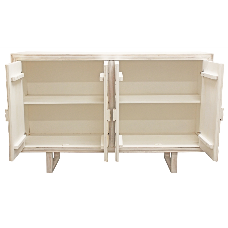 Albert Solid Wood Cabinet with 4 Hand Carved Doors and Distressed White Finish