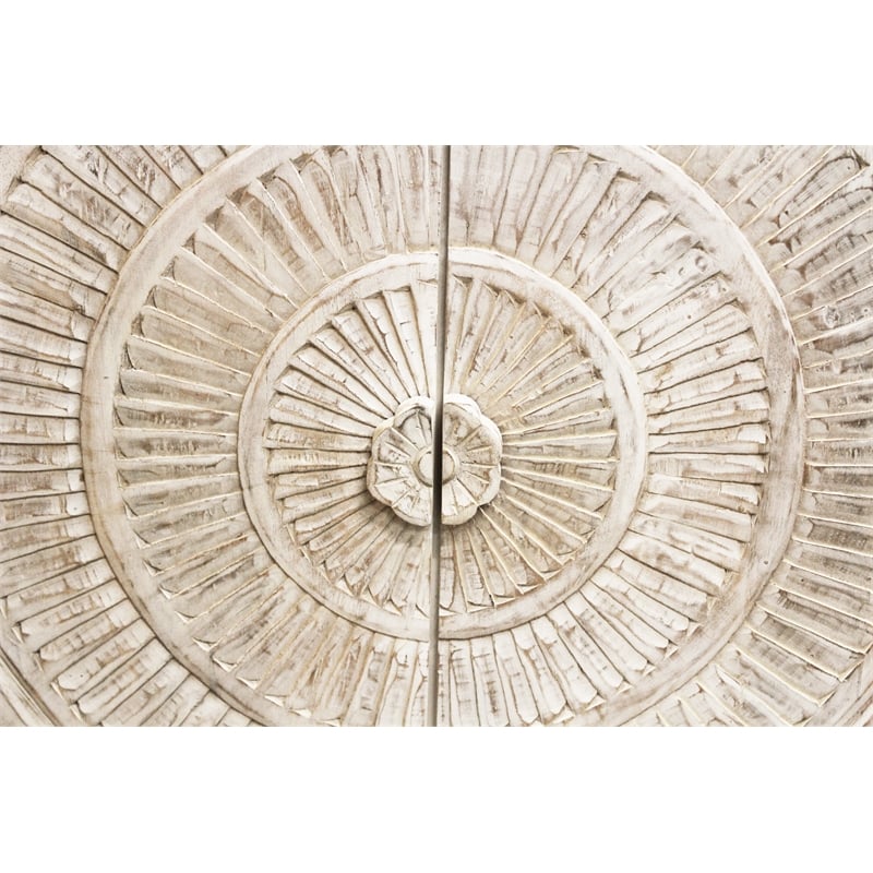Albert Solid Wood Cabinet with 4 Hand Carved Doors and Distressed White Finish