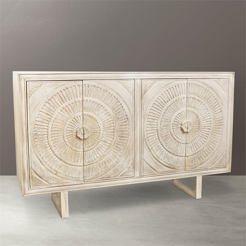 Albert Solid Wood Cabinet with 4 Hand Carved Doors and Distressed White Finish