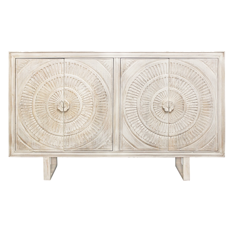 Albert Solid Wood Cabinet with 4 Hand Carved Doors and Distressed White Finish