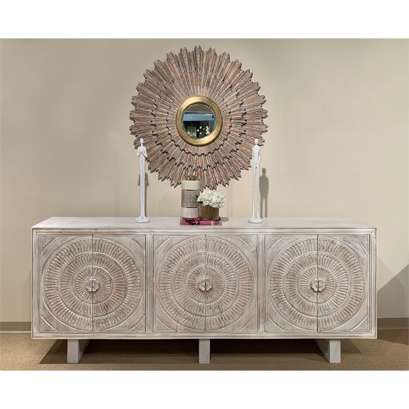 Albert Solid Wood Cabinet with 6 Hand Carved Doors and Distressed White Finish