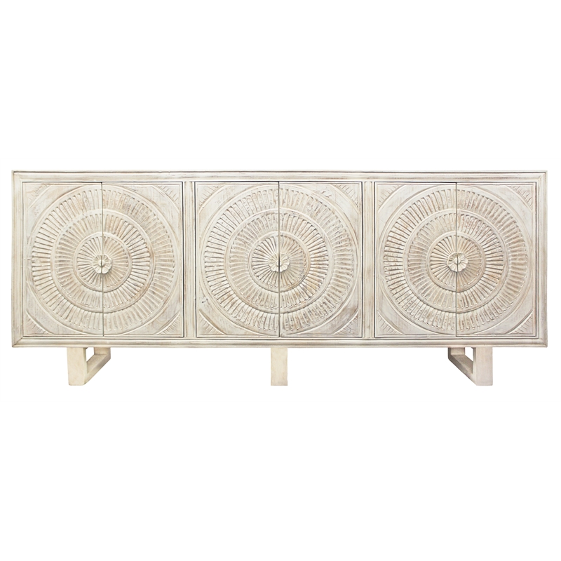 Albert Solid Wood Cabinet with 6 Hand Carved Doors and Distressed White Finish
