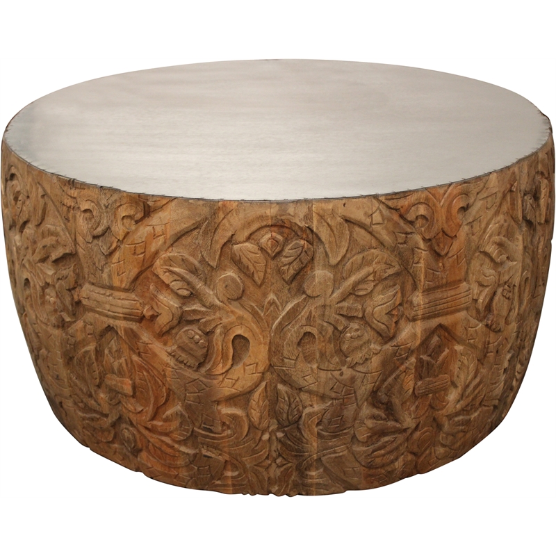 Cruz Solid Wood Cocktail Table with Zinc Top in Natural