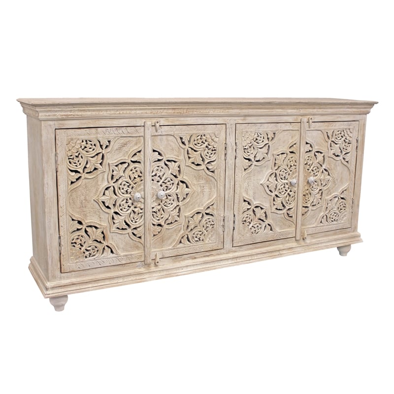 Carter Eagle 4-Door Sideboard in Distressed White Finish on Mango Solid Wood