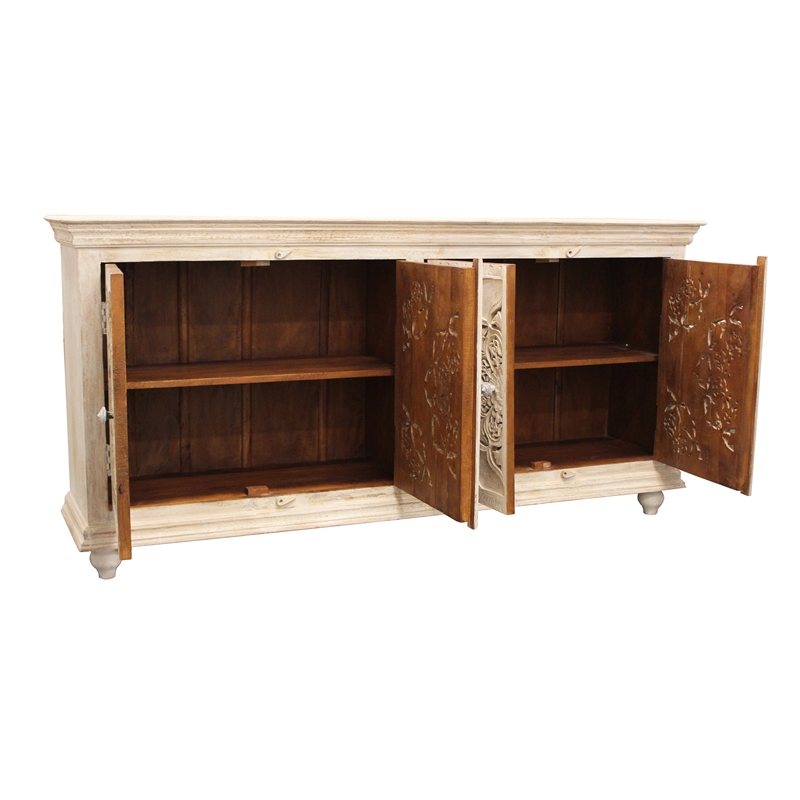 Carter Eagle 4-Door Sideboard in Distressed White Finish on Mango Solid Wood
