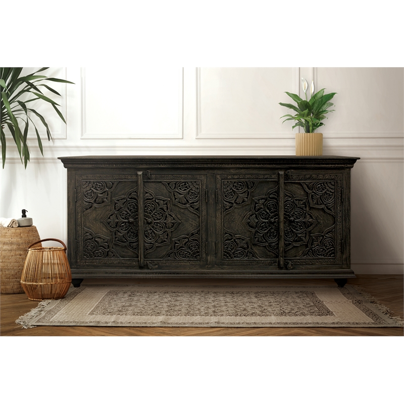 Carter Eagle 4-Door Sideboard in Distressed Gray Finish on Mango Solid Wood