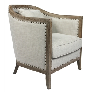stella lounge chair upholstered in natural fabric with solid wood trim