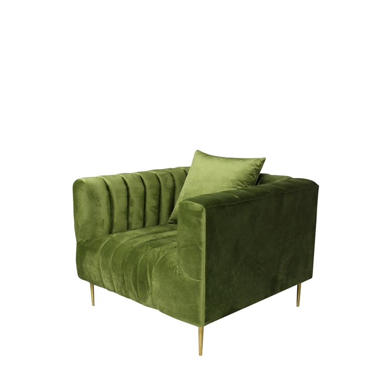 Ruth Lounge Chair with Gold Tone Metal Legs and 1 Toss Pillow in Green Velvet