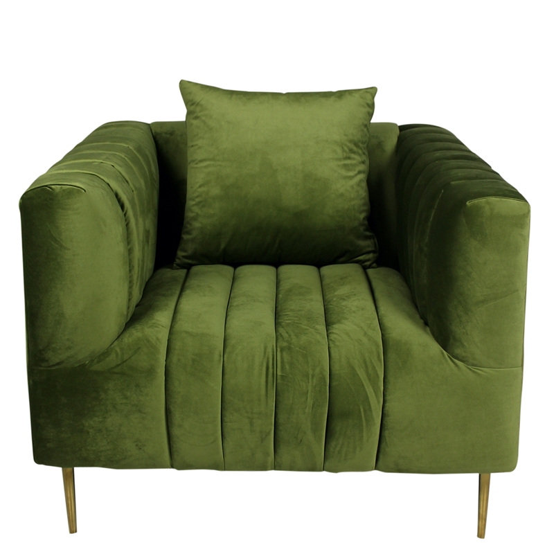 Ruth Lounge Chair with Gold Tone Metal Legs and 1 Toss Pillow in Green Velvet