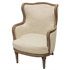 dan lounge arm chair with exposed wood trim and frame in natural linen fabric