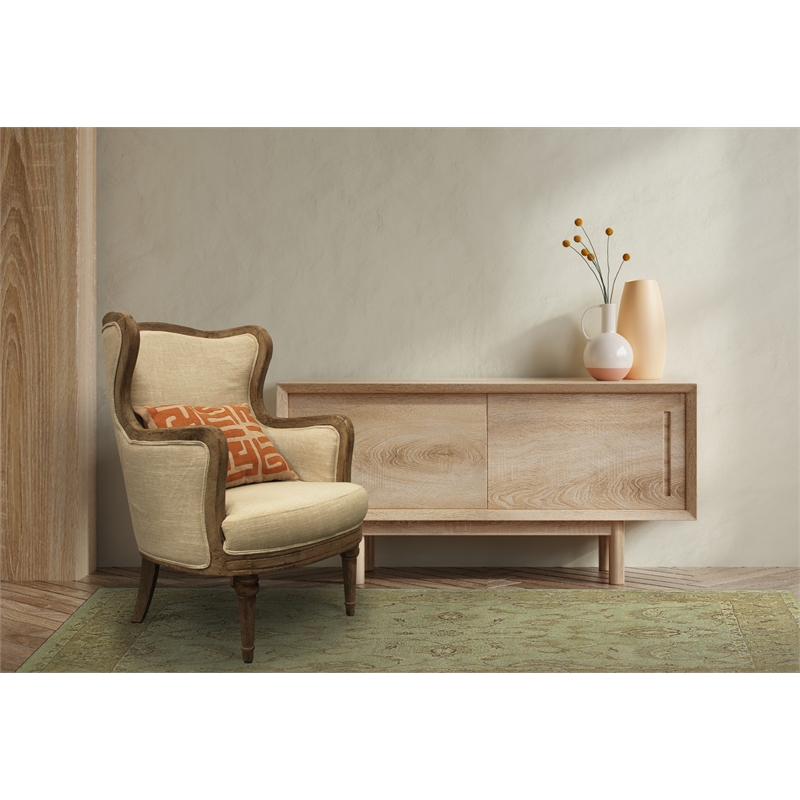 Dan Lounge Arm Chair with Exposed Wood Trim and Frame in Natural Linen Fabric