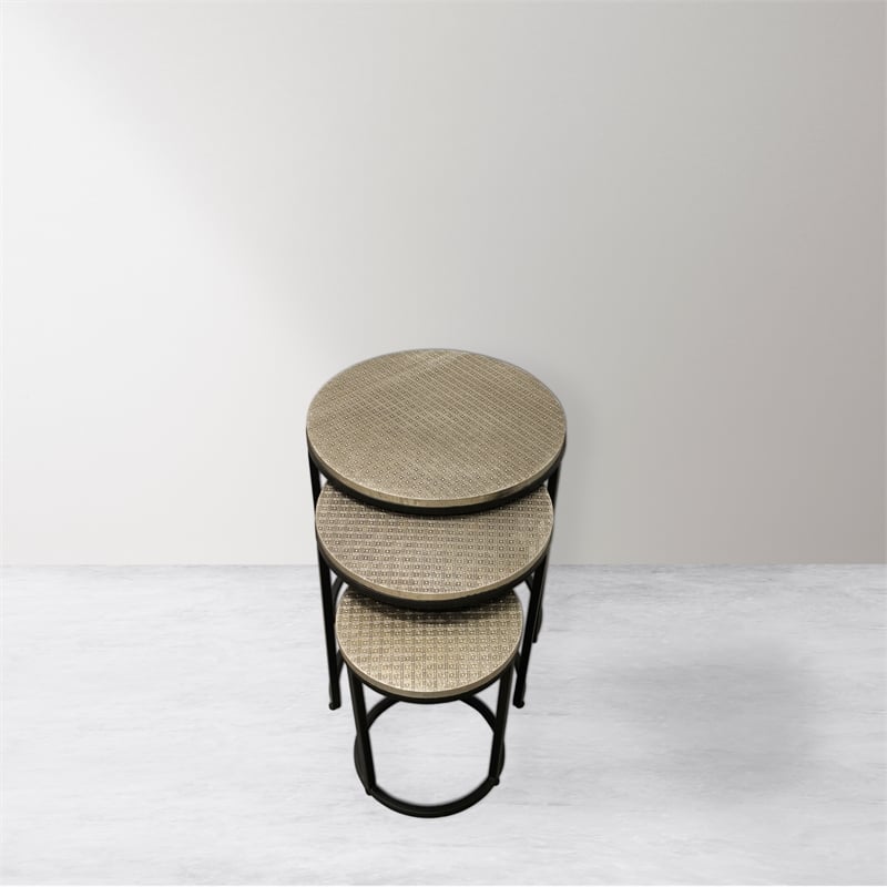 Meenal Nesting 3-Table Set in Silver Metal-Cladded Round Top